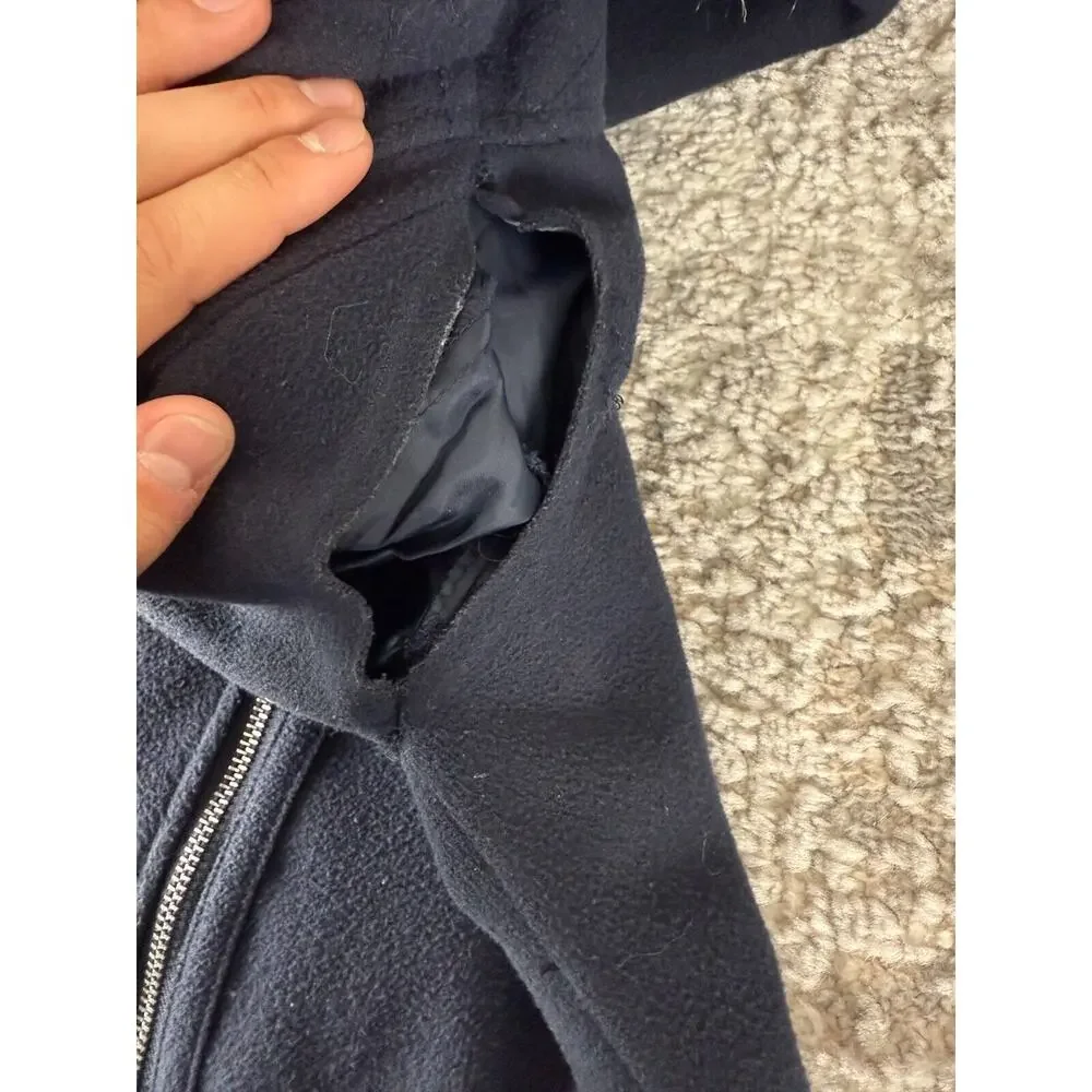 CoffeeShop Womens Sz S Faux Fur Full Zip Jacket Navy Long Sleeve Hooded‎ Outdoor